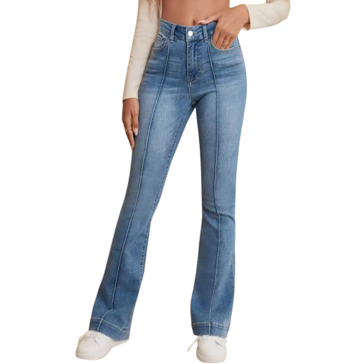 Jeansuri pentru femei, albastre, cu pantaloni lărgi și talie înaltă, cu cusătură frontală pe toată lungimea pantalonilor și cu bucle pentru curea