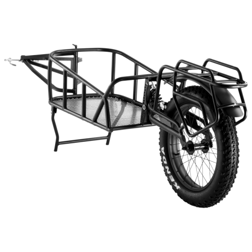 Jednokołowy przyczep za rower z szybkozłączem i przestrzenią ładunkową wymiary 200 x 69,5 cm czarny stalowy wózek do bikepackingu i podróży rowerowych