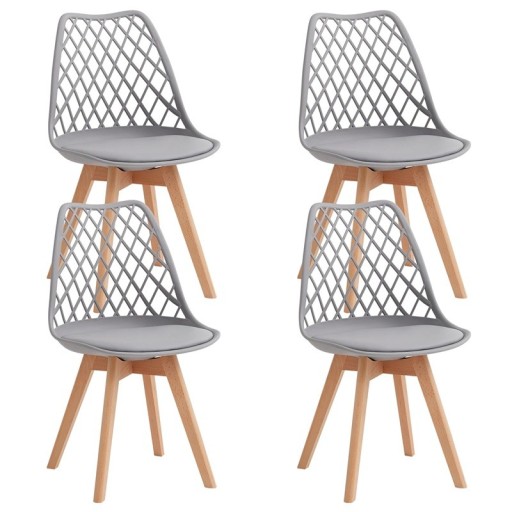 Jídelní židle s opěradlem Sada 4 kusů Mřížované opěradlo a čalouněný sedák 82 x 55 x 48 cm Plast a dřevěné nohy Do jídelny i kuchyně