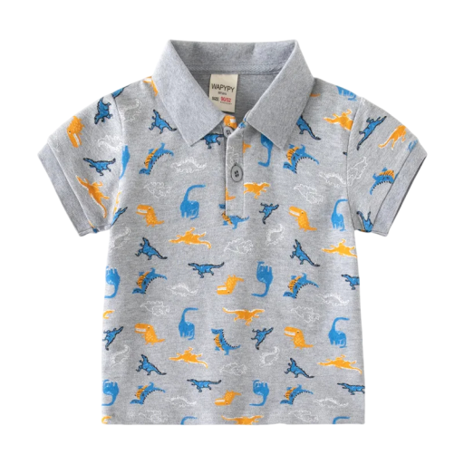 Jongens poloshirt met kraag en dinosaurussenmotief Grijs katoenen shirt met knopen tot halverwege Korte mouwen Comfortabele zomerkleding