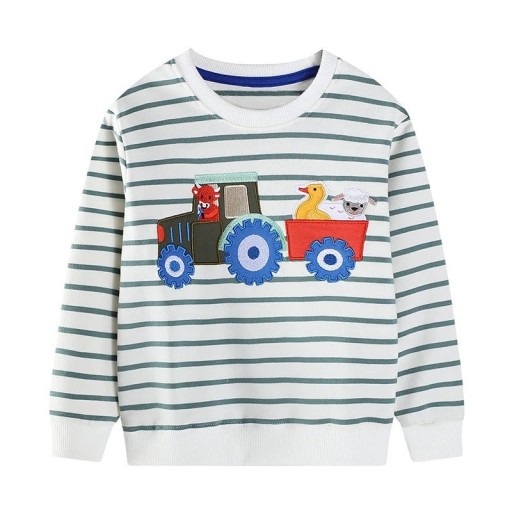 Jongens witte gestreepte hoodie met tractor en dieren borduring ronde hals en lange mouwen voor jongens