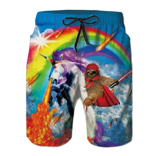 Jongens zwemshorts Blauw Polyester Regenboogprint Luiaard Eenhoorn Met Koord Zomer zwemkleding voor zee en zwembad