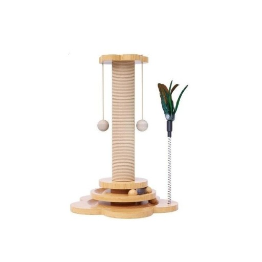 Jouet en bois stable avec griffoir, plateau tournant et bâtonnets pour attraper, favorise le mouvement, le divertissement et le meulage sain des griffes.