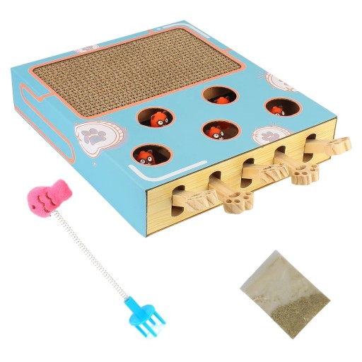 Jouet interactif pour chats 2 en 1 Griffoir et jeu Tape le taupe 26x26,5x6 cm Planche à gratter et pédales à presser avec taupe