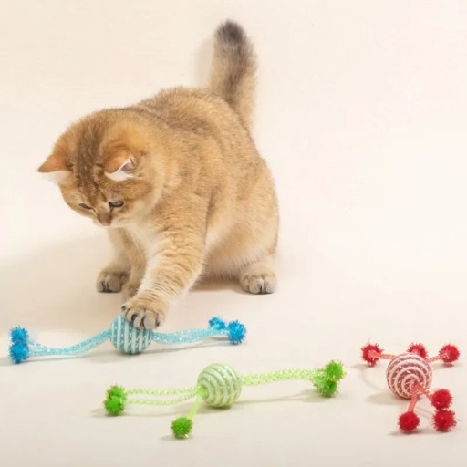 Jouet pour chats Boule avec 5 cordes et pompons 25 cm Jouet interactif à mâcher et gratter Jouet résistant pour chats de tous âges