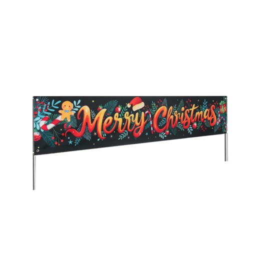 Joulubanneri 200 x 40 cm Musta polyesterinen ripustettava nauha, jossa saniaiskuvio ja oranssi teksti Merry Christmas kodin koristeluun