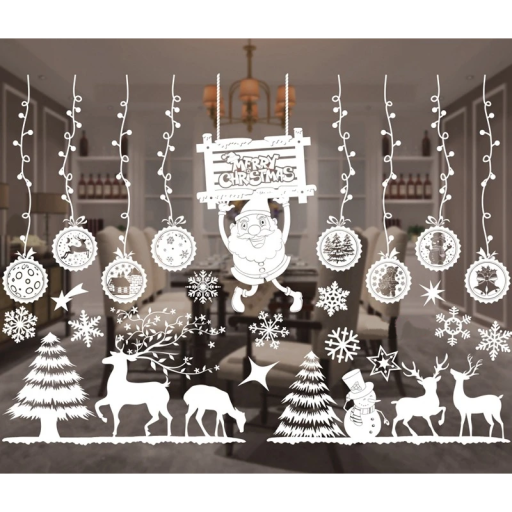 Joulun ikkunatarrojen setti 50 x 70 cm Valkoiset PVC koristeet poroilla, lumihiutaleilla ja puilla Uudelleen käytettävä koristelu ikkunoille ja lasille