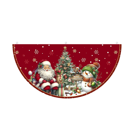 Joulun puolikaaren muotoinen lipputanko-banneri 90 x 45 cm Punainen ulkokäyttöön tarkoitettu koriste lumiukolla, joulupukilla ja joulukuusella
