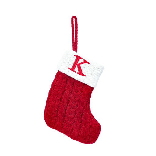 Joulusukka 15 x 25,7 cm Punainen koriste valkoisella reunalla ja ripustusnyörillä Kirjailtu kirjain K Alkuperäinen joulukoriste