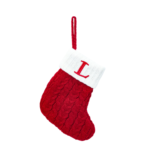 Joulusukka 15 x 25,7 cm Punainen koristeellinen sukka valkoisella reunalla ja brodeeratulla L-kirjaimella Ripustettava koriste takalle tai joulukuuseen