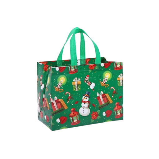 Jouluteemalla varustettu lahjakassi 32 x 25 cm Vihreä kuitukangas Uudelleen käytettävä lahjakassi Joululahjojen pakkaamiseen