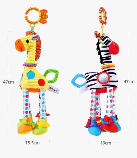 Jucărie de pluș agățată pentru bebeluși, 47 cm, Girafă și Zebră, cu piuie, clopoțel și accesoriu de dentiție pentru cărucior