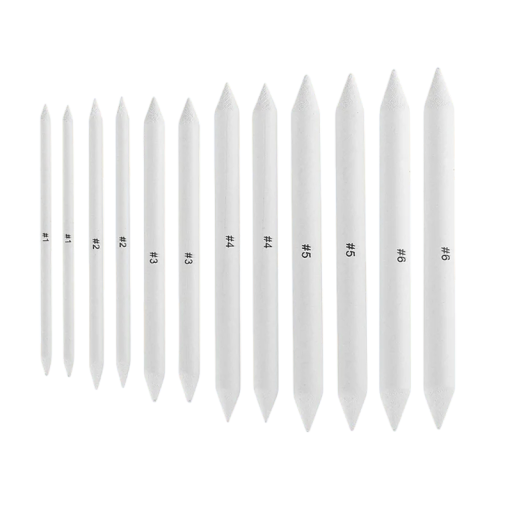 Juego de 12 herramientas de dibujo para difuminar sombras con difuminos y tortillones, sacapuntas, papel de lija y carboncillo.