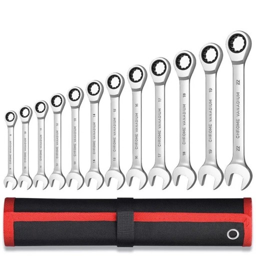 Juego de 12 llaves de carraca en un estuche rígido negro y rojo Llaves combinadas de boca abierta y de anillo con funcionamiento suave