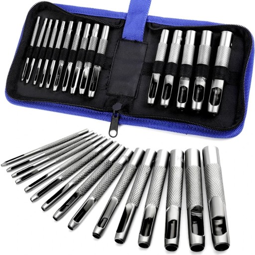 Juego de 16 punzones para cuero con matrices redondas en estuche Diámetros 1-16 mm Herramienta de acero para perforar con precisión cuero y materiales blandos