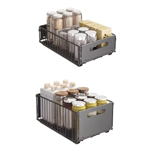 Juego de 2 cajas extraíbles para armarios de cocina 37,5 x 24,5 cm Altura 10 y 19 cm Acero al carbono y plástico Gris oscuro Organizadores de despensa