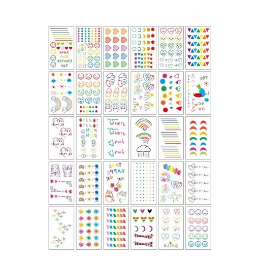 Juego de 30 unidades de tatuajes temporales 5,7 x 9,7 cm formas coloridas de corazones estrellas lunas emoticonos arcoíris y motivos infantiles