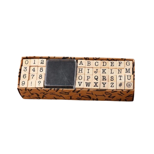 Juego de 40 sellos de goma de madera con letras, números y símbolos con almohadilla de tinta negra Sellos creativos para manualidades 14,5 x 4,5 x 3,5 cm