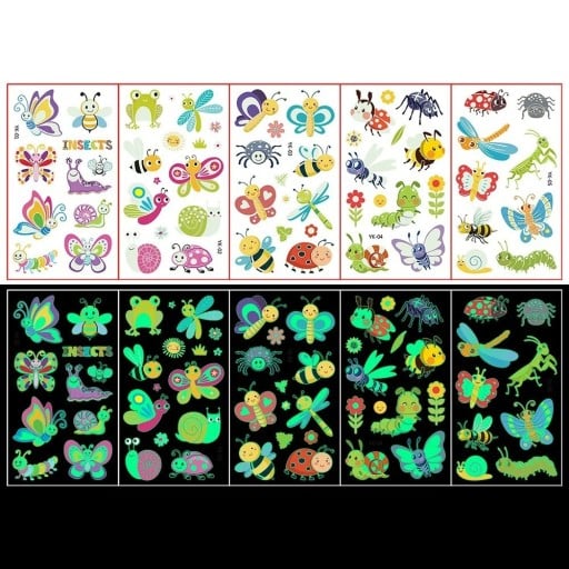 Juego de 5 hojas de tatuajes temporales brillantes de mariposas, mariquitas, escarabajos y otros insectos adorables, pegatinas de tatuajes coloridas