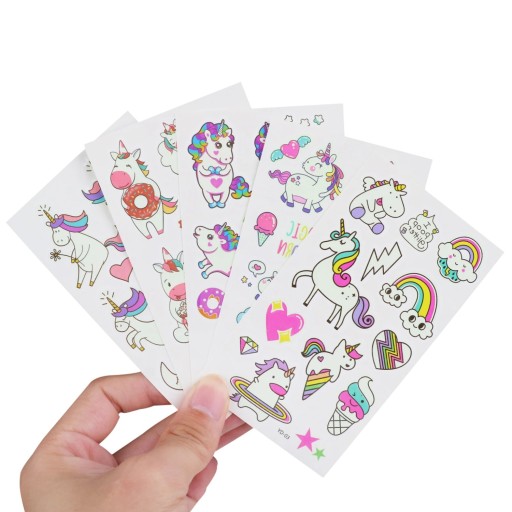 Juego de 5 hojas de tatuajes temporales brillantes de unicornio, pegatinas de tatuaje para el cuerpo para niños con efecto diurno y nocturno