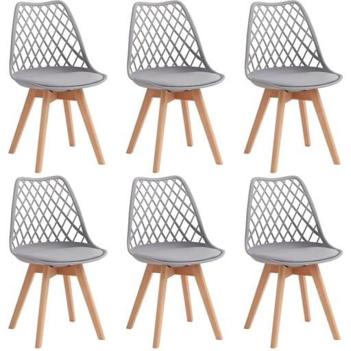 Juego de 6 sillas de comedor con respaldo de rejilla y asiento acolchado 82 x 55 x 48 cm Plástico madera y cuero sintético Para la cocina