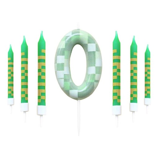 Juego de 7 velas de cumpleaños verdes con temática de píxeles para decorar tartas, velas con números de videojuegos del 0 al 9, 9,5 x 0,8 cm.