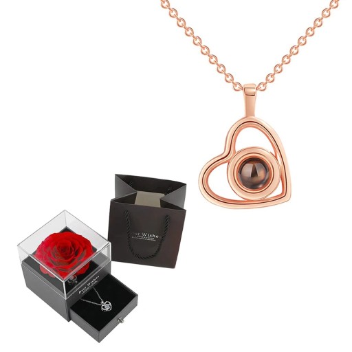 Juego de collar con proyección de corazón Te amo en 100 idiomas Cadena de titanio Colgante de cobre Caja de rosas Regalo romántico