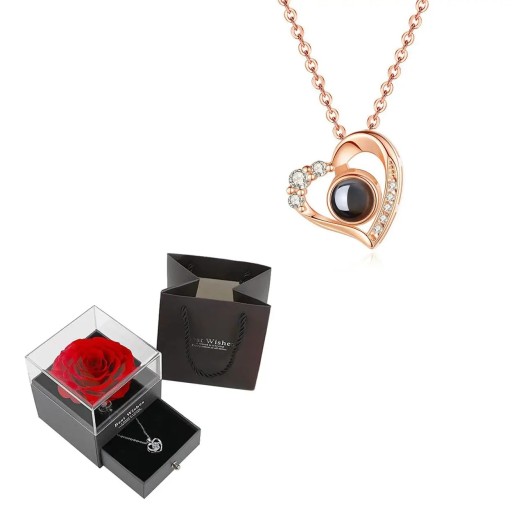 Juego de collar con proyección de corazón Te amo en 100 idiomas Colgante de cobre Cadena de titanio Caja rosa Regalo romántico