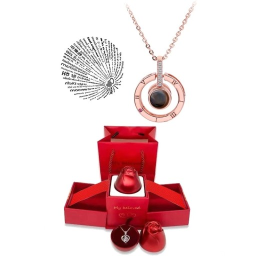 Juego de collar de proyección Cadena de titanio Proyección Te amo en 100 idiomas Caja de regalo en forma de rosa Regalo romántico