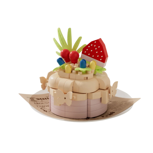 Juego de construcción de pastel en colores pastel 5,5 x 3,5 x 4,5 cm Pastel redondo crema con decoración de fresas, hojas, bayas y mariposas Modelo decorativo