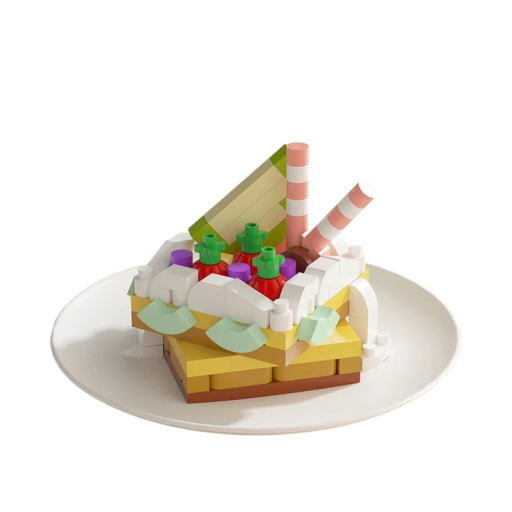 Juego de construcción de pastelito en color amarillo y blanco con decoraciones de frutas y detalles coloridos 5,5 x 3,5 x 4,5 cm Creativo mini postre dulce para armar como decoración