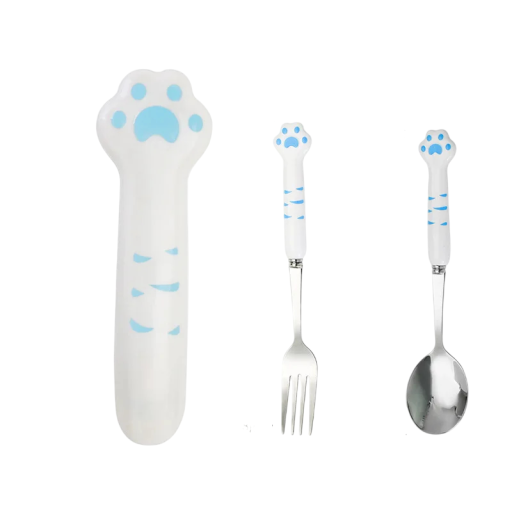 Juego de cubiertos para niños Huella de gato Acero inoxidable Cuchara y tenedor con estuche de almacenamiento Cubiertos de mesa adorables para la escuela y los viajes