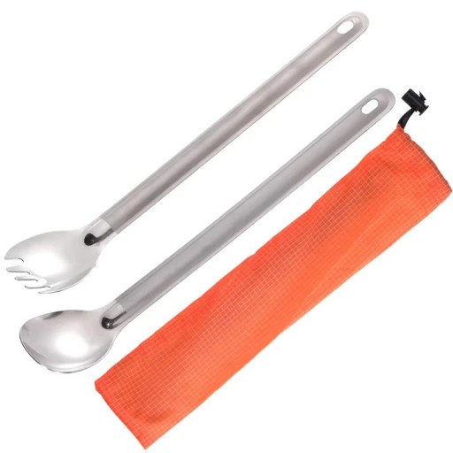Juego de cuchara y tenedor de titanio con mango largo utensilios de camping ultraligeros de titanio juego portátil plateado para senderismo camping