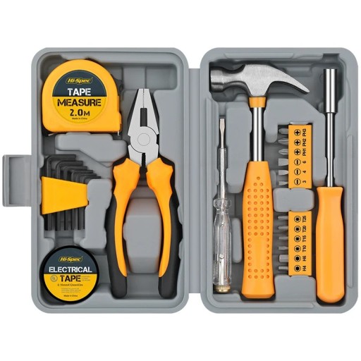 Juego de herramientas compacto Hi-Spec 24 piezas con martillo, cinta métrica de 2 m, puntas y alicates en amarillo y negro para reparaciones y mantenimiento del hogar