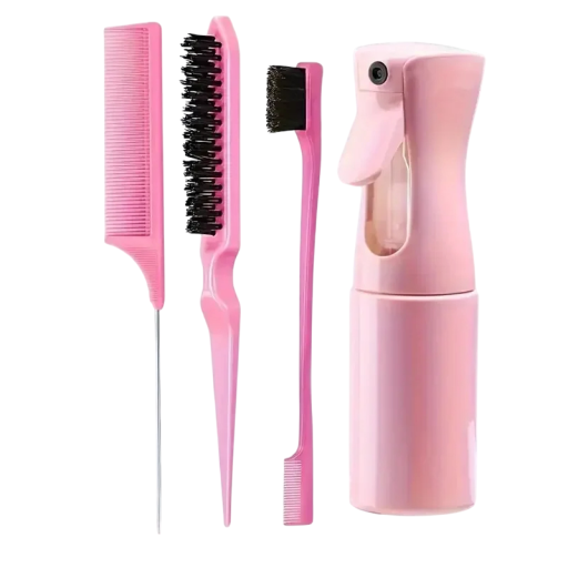 Juego de herramientas de peluquería, 4 piezas, rociador de agua, peine de cola, cepillo para cardar, recortar bordes, alisar y peinar el cabello.