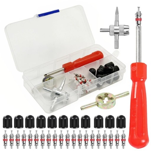 Juego de herramientas de reparación de válvulas de neumáticos de 33 piezas, destornillador con mango ranurado y accesorios para automóviles y motocicletas, plástico y metal.