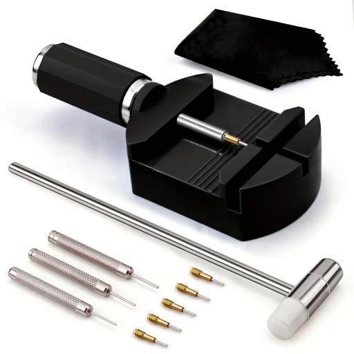 Juego de herramientas para reparación de correas de reloj de metal, soporte, martillo, extractores, puntas y paño, herramienta completa para acortar eslabones.