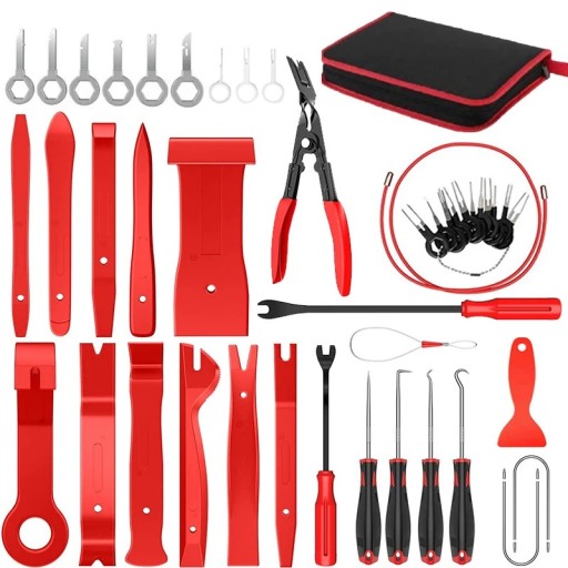 Juego de herramientas profesional de 43 piezas para desmontar el interior del coche. Herramientas para salpicaderos y paneles. Palancas y alicates ergonómicos en estuche con cremallera.