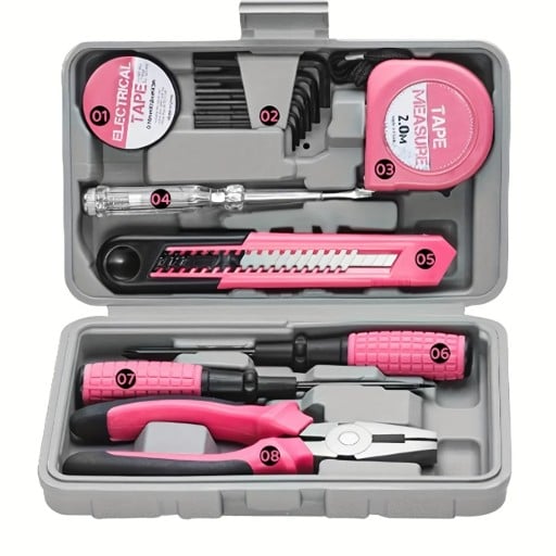Juego de herramientas rosa Destornilladores, alicates, cinta métrica, cuchillo, cinta aislante y llaves Allen 9 piezas Herramientas prácticas