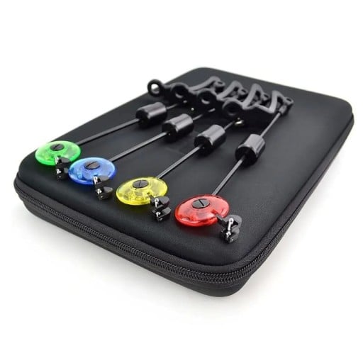 Juego de LED swingers Hirisi 4 unidades con conector de 2,5 mm rojo amarillo azul verde indicador de picada en estuche para detectores de pesca