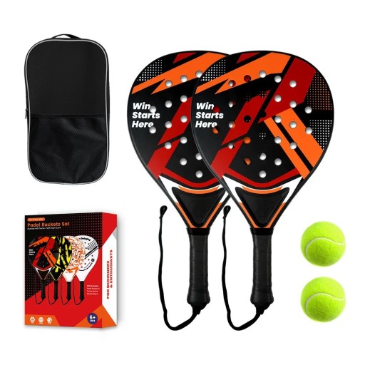 Juego de palas de pádel 2 palas y 2 pelotas Marco de plástico ABS Núcleo de espuma blanda Red de nylon Bolsa para palas Negro-naranja Para principiantes
