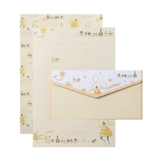 Juego de papelería y sobres 14 x 21 cm 6 hojas de papel 8,5 x 16,5 cm 3 sobres ciudad tren personajes set de escritura crema