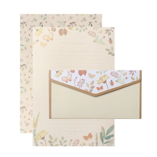 Juego de papelería y sobres 14 x 21 cm 6 hojas de papel 8,5 x 16,5 cm 3 sobres flores hojas mariposas set de escritura crema