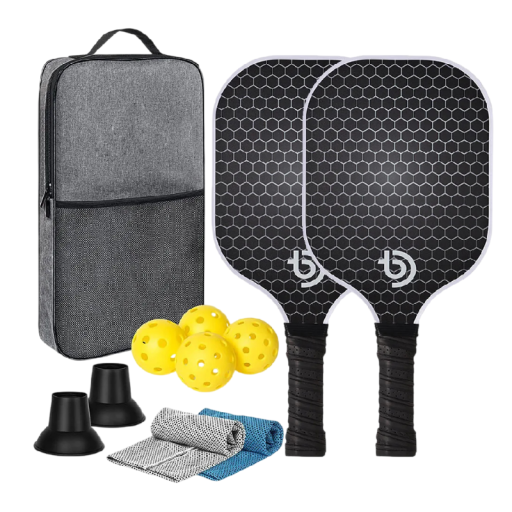 Juego de pickleball con palas, pelotas, bolsa, toallas y conos 40 x 20 x 1,4 cm fibra de carbono grafito negra para cancha interior y exterior