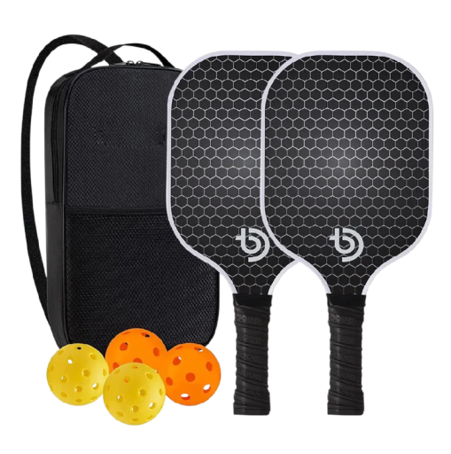 Juego de pickleball de 2 palas y 4 pelotas con estuche 40 x 20 x 1,4 cm fibra de grafito de carbono negra para pista interior y exterior