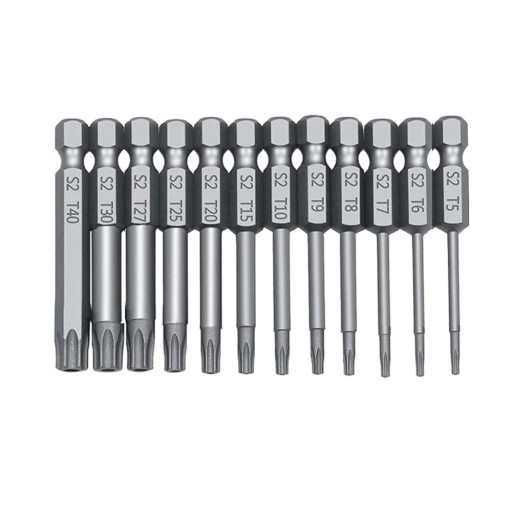Juego de puntas Torx S2 de 50 mm de longitud, 12 piezas, T40, T30, T27, T25, T20, T15, T10, T9, T8, T7, T6, T5 para destornillador y taladro
