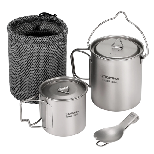 Juego de tazas de titanio de 750 ml y 350 ml con tapa, tazas ultraligeras con asa plegable, bolsa tenedor-cuchara plegable para camping y senderismo