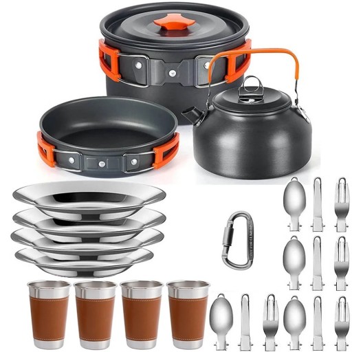 Juego de utensilios de camping Olla sartén tetera platos cubiertos y tazas 500 ml Aluminio anodizado endurecido Gris-naranja Para camping y picnic
