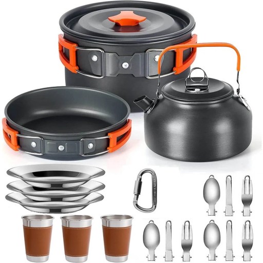 Juego de utensilios de camping para 3 personas Olla 175 x 95 mm sartén 180 x 45 mm tetera 800 ml y tazas 500 ml Aleación de aluminio dura Para camping