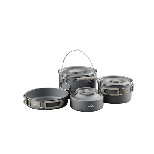Juego de utensilios de camping para 4 a 7 personas Olla de 3 l y sartén de 1,7 l y tetera de 0,8 l Aleación de aluminio Gris Con funda Para camping y picnic